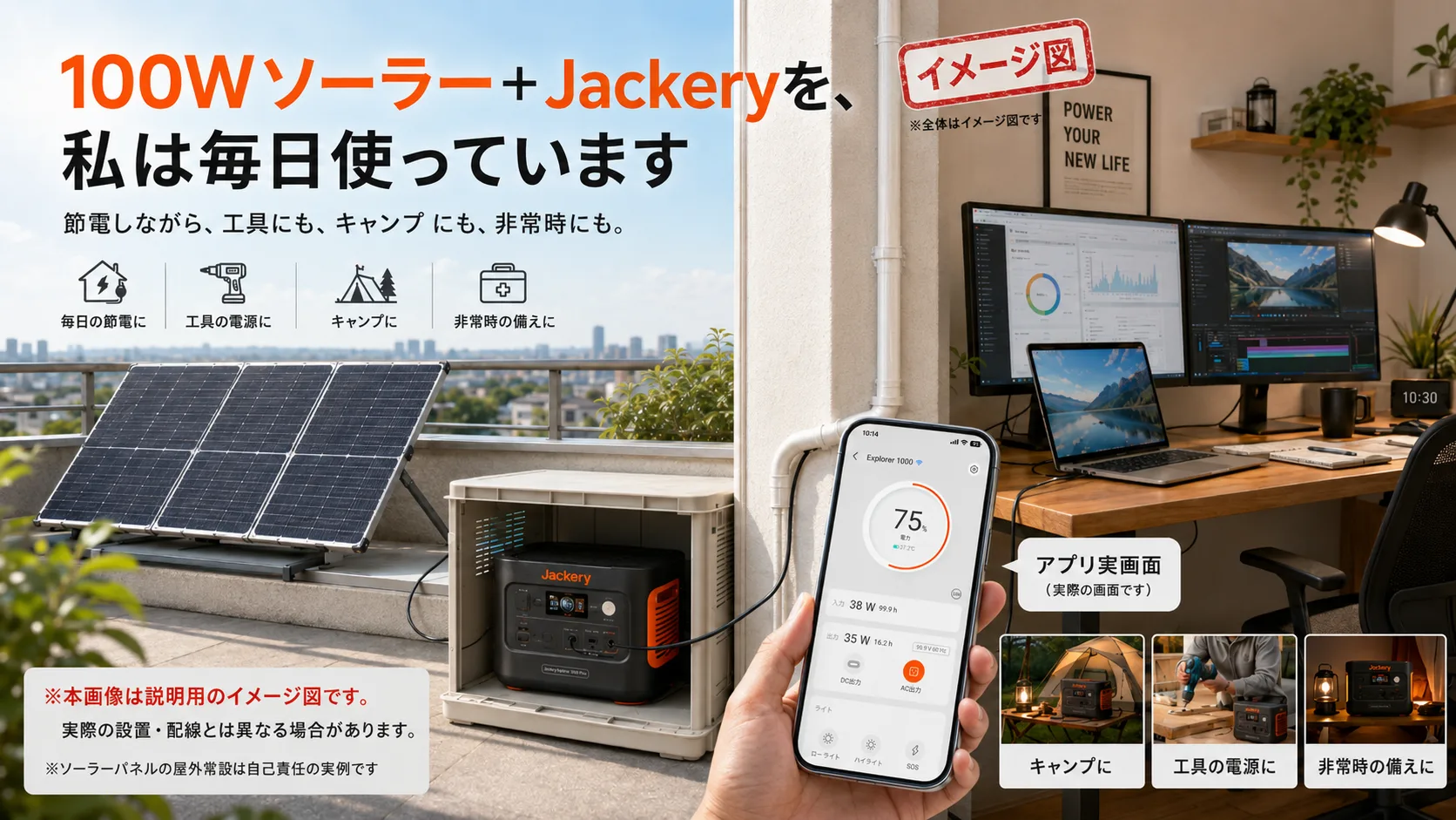 100WソーラーとJackeryの活用イメージ図